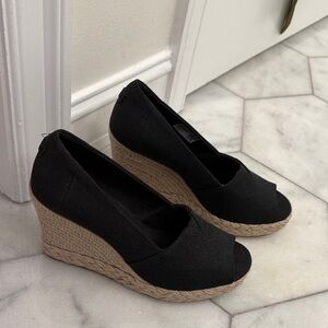 Toms Black Canvas Espadrille Wedge Peep-Toe